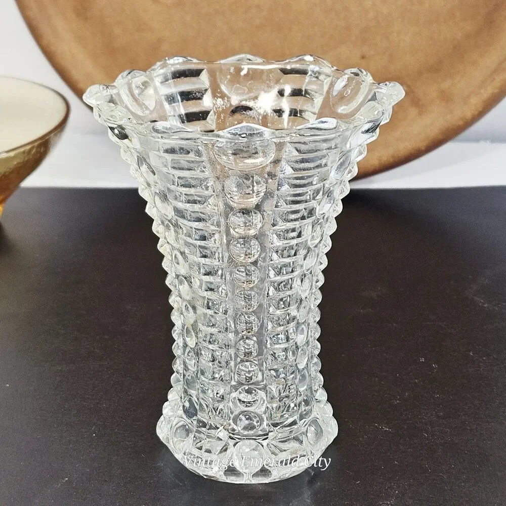 Vtg Indiana Clear Glass Bud Vase Art Deco dot dash Textured Scalloped Mayflower